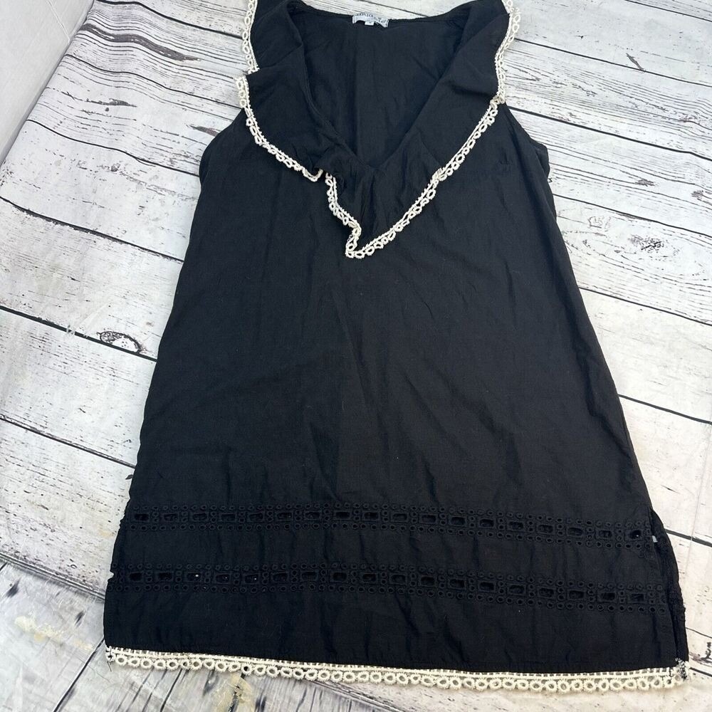 Mud Pie Black Cotton Eyelet Ruffle V-Neck Sleeveless Shift Dress Tunic Womens M